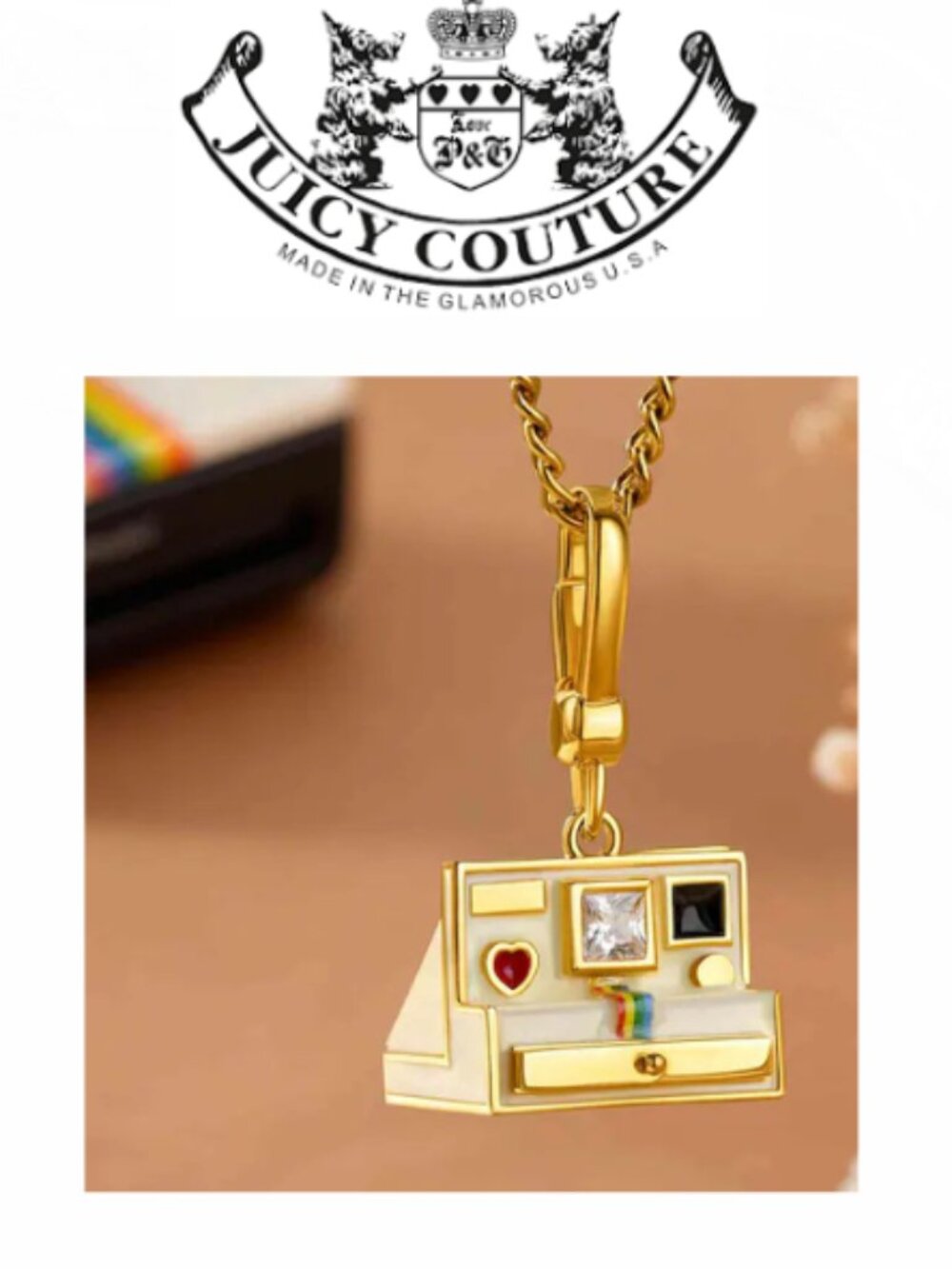 NWOT Unisex Juicy Couture Polaroid Oil Drip Charm on Gold Chain